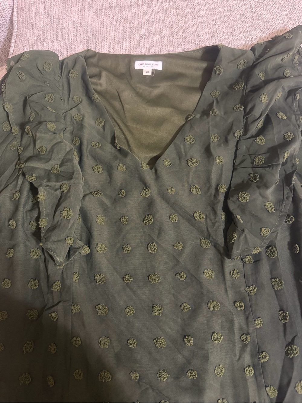 Chic Soul Olive Green Ruffle Blouse 2X Plus Size Swiss Dot V Neck - Picture 4 of 11